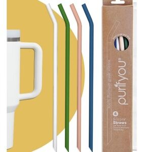 Purifyou Platinum 14.5in Silicone Straws Extra Long Wide Set 4 Colors with Brush